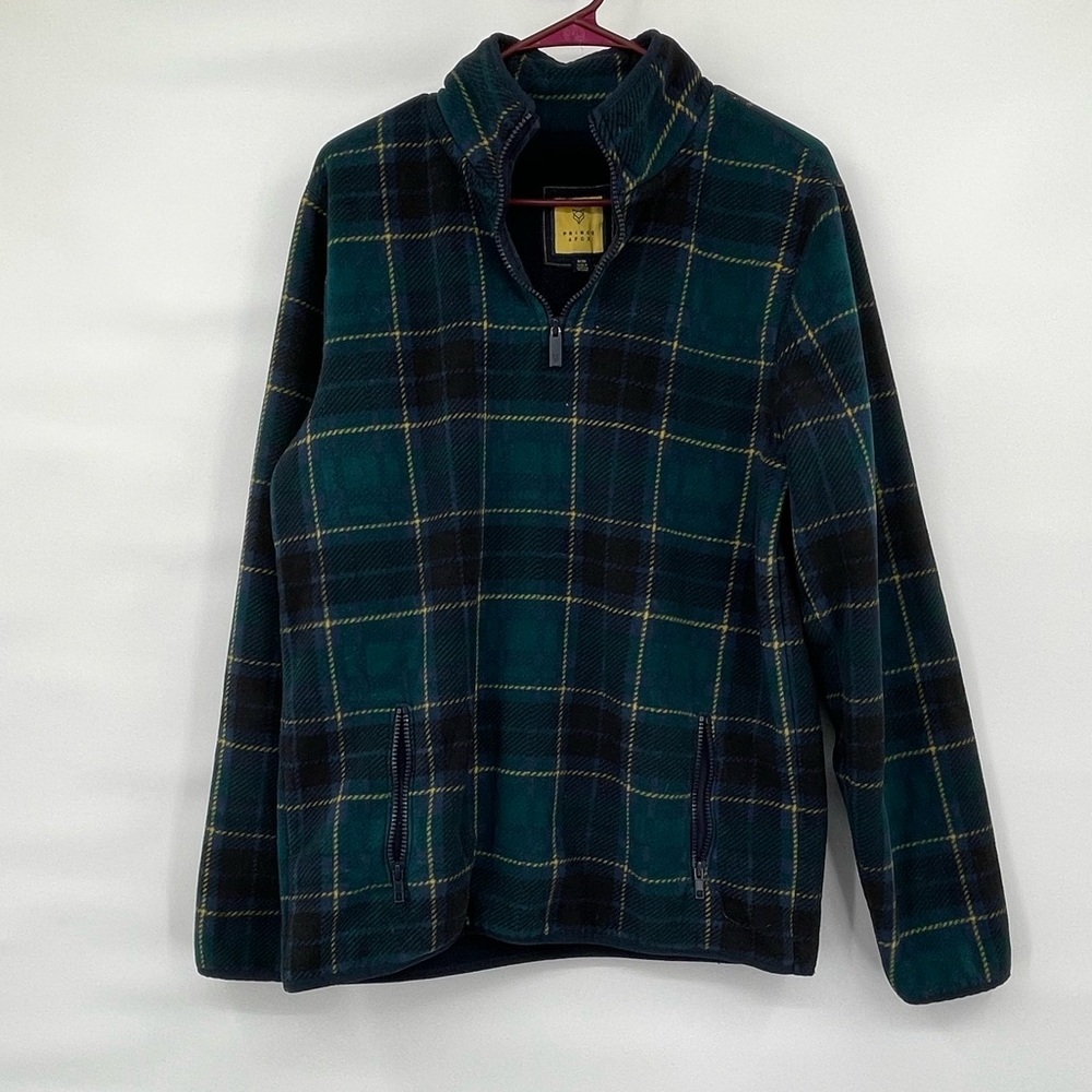 Prince and Fox blue green plaid fleece 1/2 zip pullover